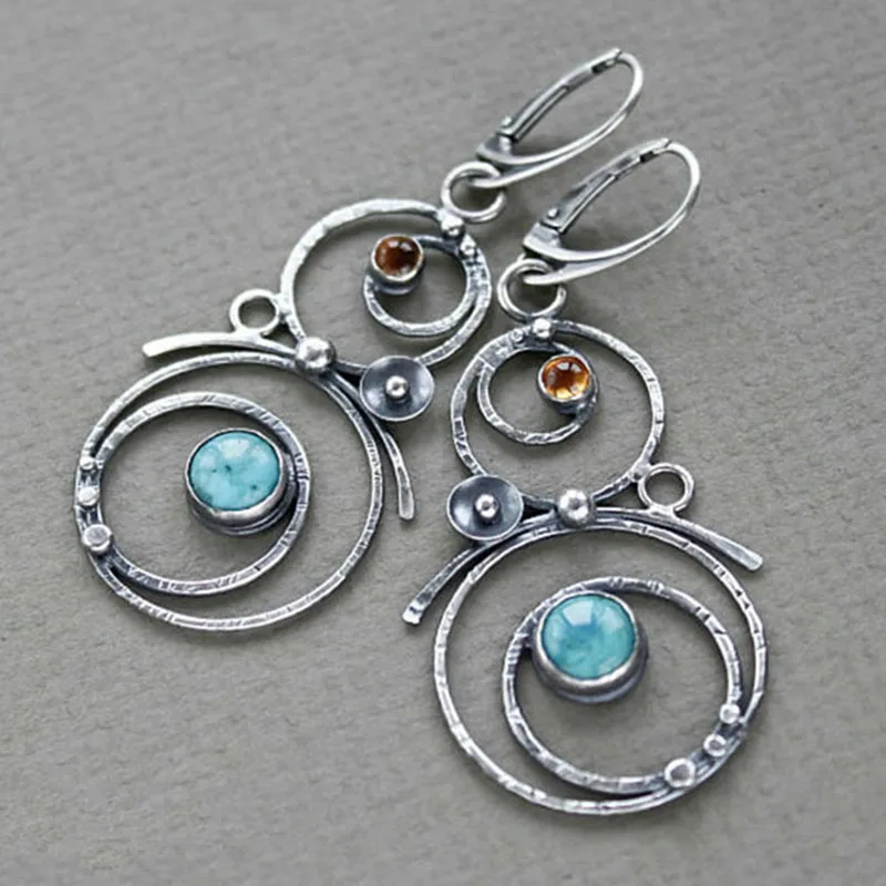 Bohemian Round Blue Stone Earrings Handmade Jewelry Metal Silver Color Hand Engraved Round Dangle Earrings