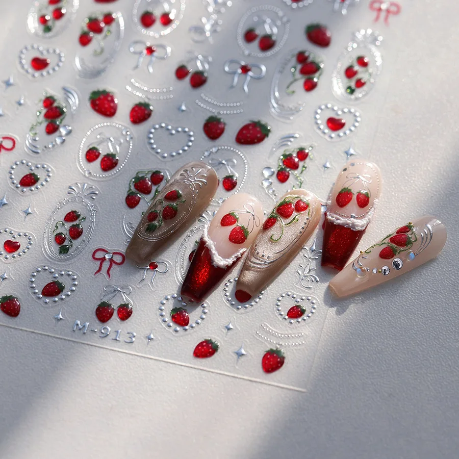 Nail Stickers Light Luxury Hot Stamping Silver Bow Cherry Kid Friendly Self Adhesive Premium Vinyl Glossy for DIY view 4