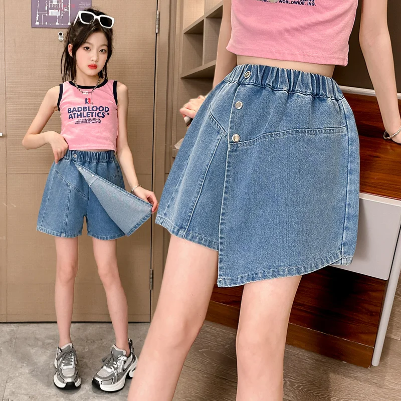 

Girl Denim Asymmetrical Wrap Skirt Shorts With Front Button Summer Vintage Kids Skirt Shorts Child Uniform Skirt Jeans Shorts