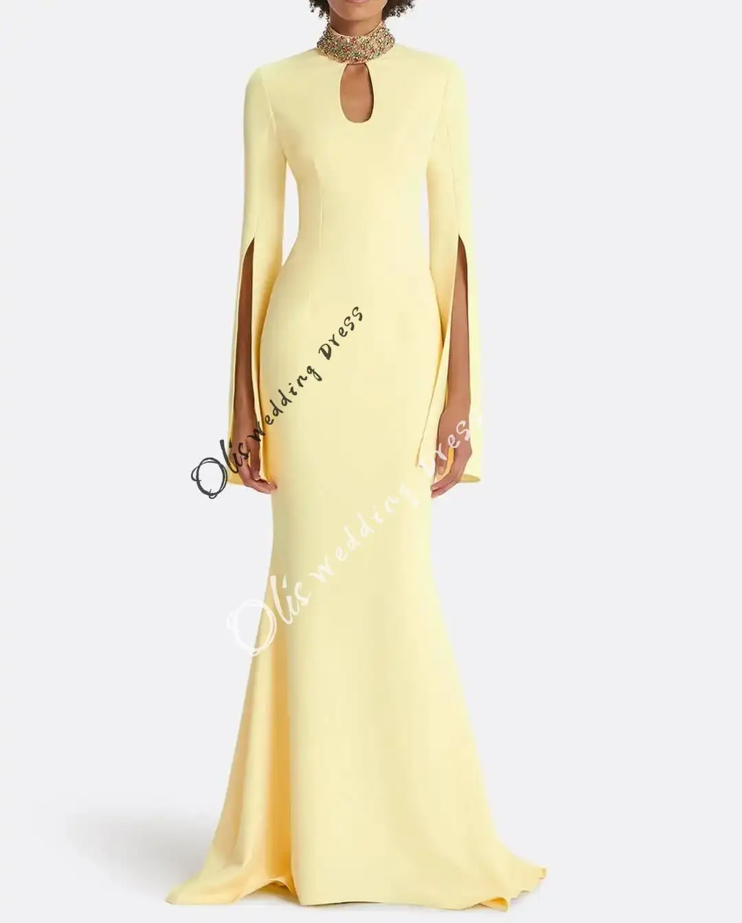 

customized Mermaid Long Sleeves Prom Dresses High Neck Pleated Beadings Party Dresses Floor Length Evening Dresses