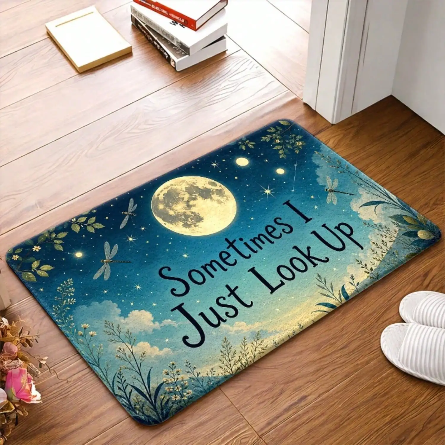 1pc, Dreamy Moonlit Night Dragonfly Printed Doormats, Durable, Machine-Washable, Bath Mat Suitable For Living Room, Bedroom, Office, Indoor, Bathroom, Balcony