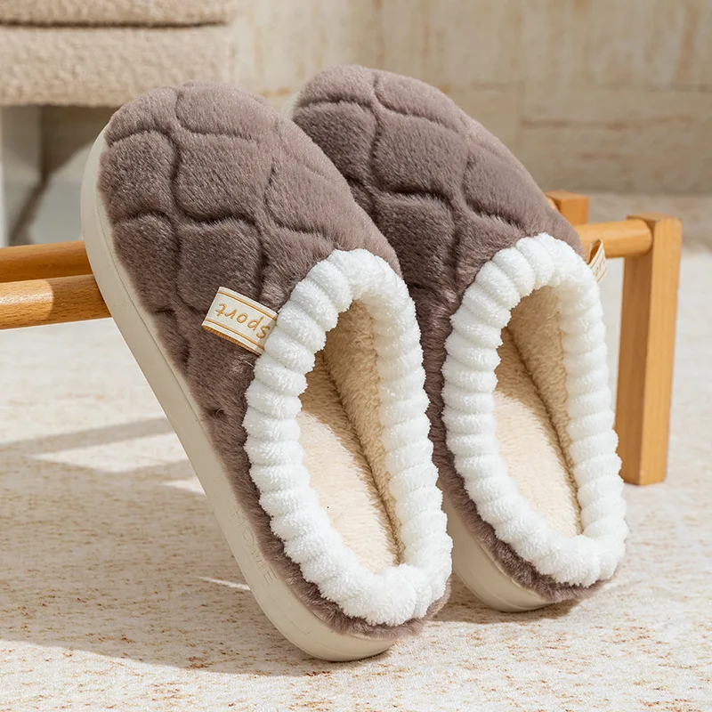 

Women Cotton Slippers Fashion Winter Warm Couples Slippers Concise Non-slip Thick Sole Men Furry Slides for Indoor Bedroom