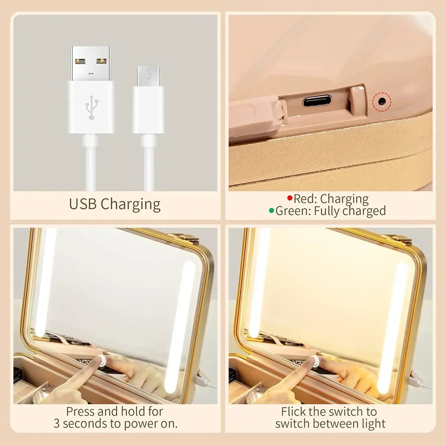 حقيبة مكياج محمولة مفتوحة من مادة PVC مخصصة، حقيبة تخزين للسفر، مصباح LED للمكياج مع صندوق تخزين، حقيبة مكياج مع ضوء مرآة #4