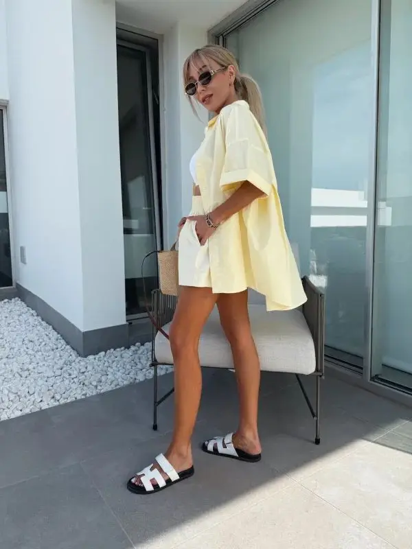 Cross border European and American summer lazy style vacation loose shirt and shorts set