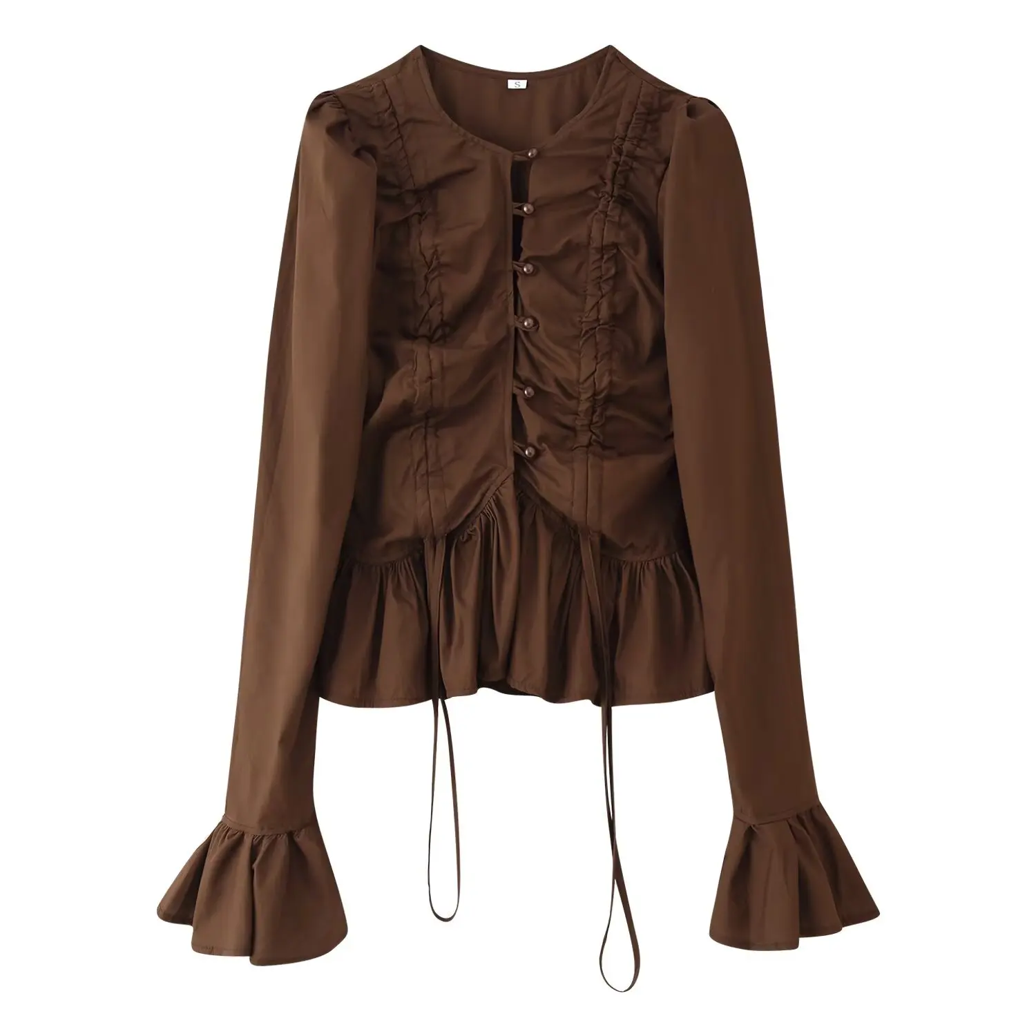 NINE ZAR Women's Slim Fit Long Sleeve Shirt Casual Drawstring Waist Bell Bottoms Six Colors Available round Neck Pure Color