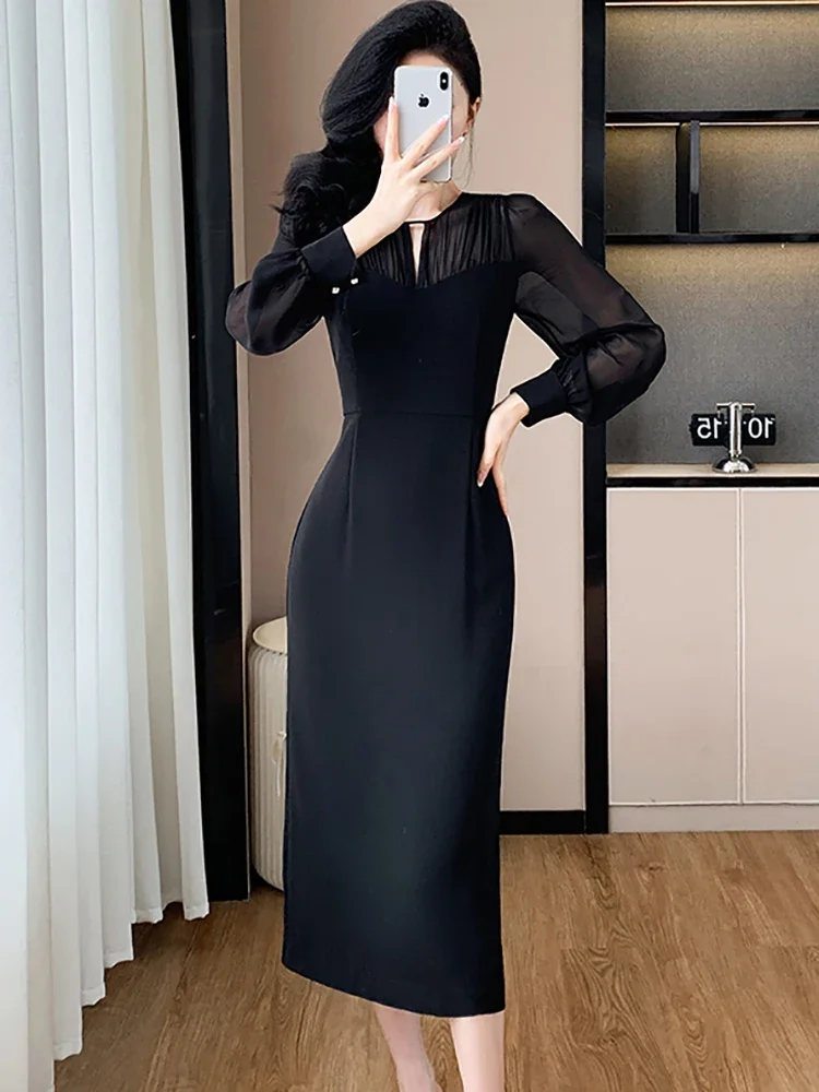 2024 Black Patchwork Mesh Sheer Sexy Long Dress Women Korean Vintage Hepburn Dress Autumn Winter Elegant Bodycon Festival Dress