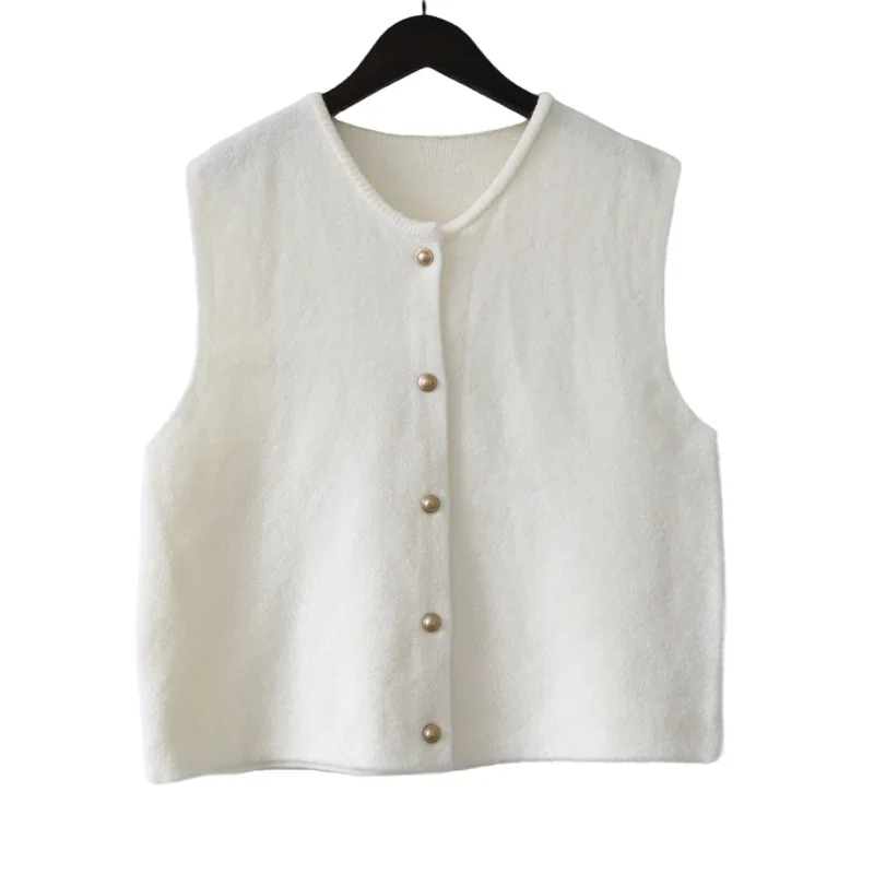 Knitted Vests Women Spring Autumn O-Neck Solid Color Loose Single Breasted Sleeveless Sweaters Waistcoats Fashion Basic Daily
