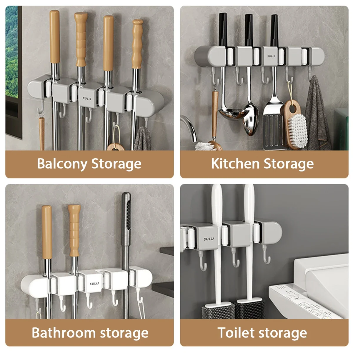 Wall Mounted Mop Holder Broom Mop Storage Shelf Rack with Hooks No Drilling Self-Adhesive Bathroom Mop Holder Storage Shelves