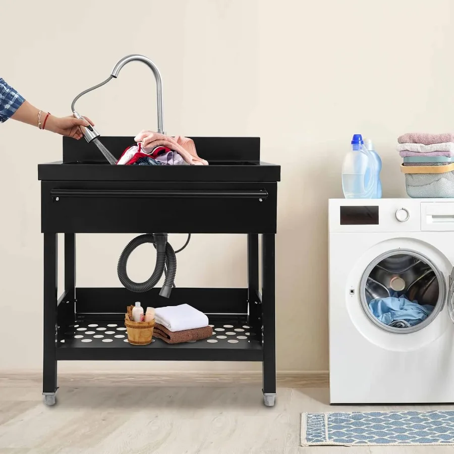 حوض وعاء واحد قائم بذاته مع صنبور قابل للسحب مقاس 31 بوصة حوض مطبخ للمطاعم التجارية مع فكرة صنبور الماء الساخن والبارد #2