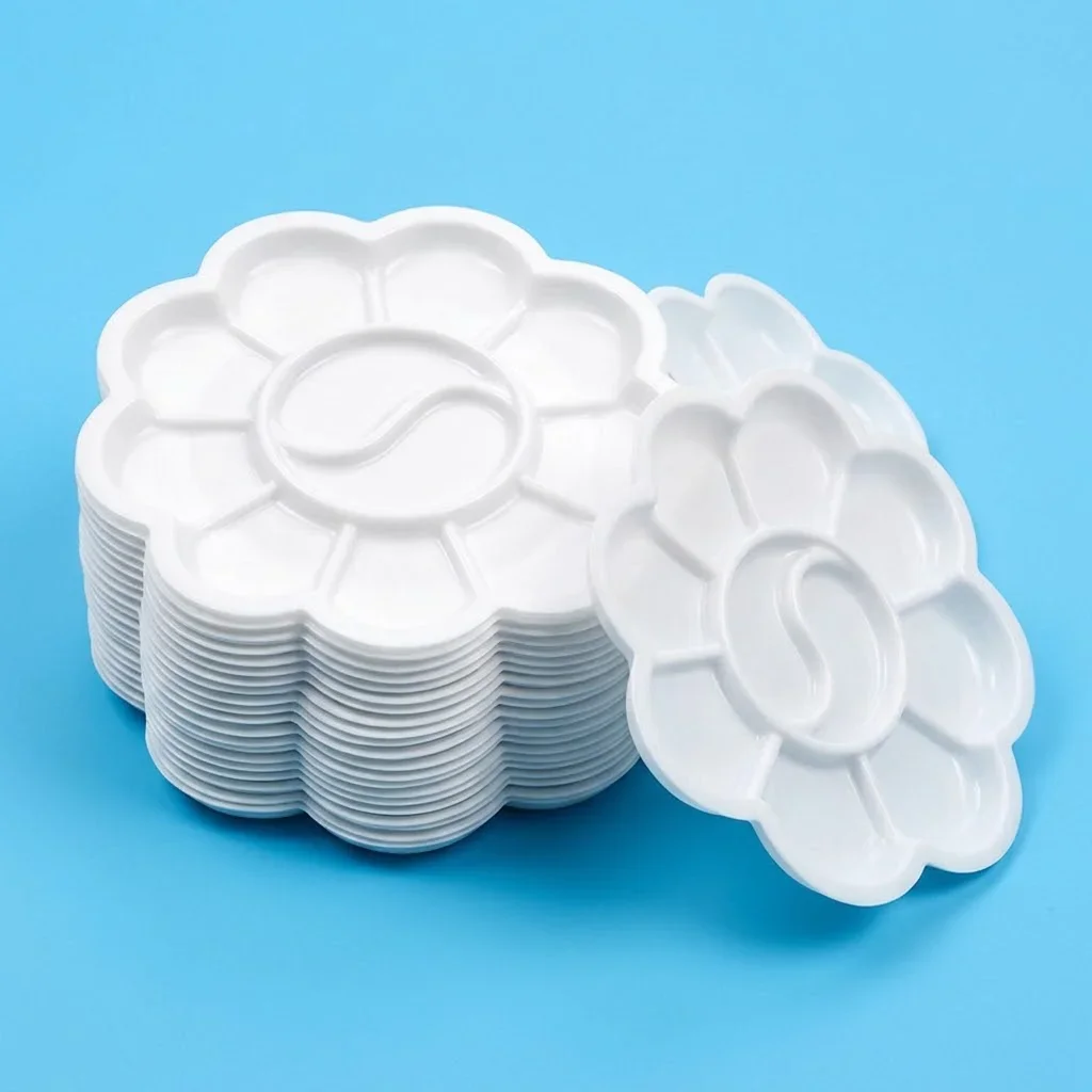 Mini Flower Paint Tray 10 25 50 Pcs 8cm Disposable White Palette Center Divided Well Lightweight Mixing Plate for Artists TMZ