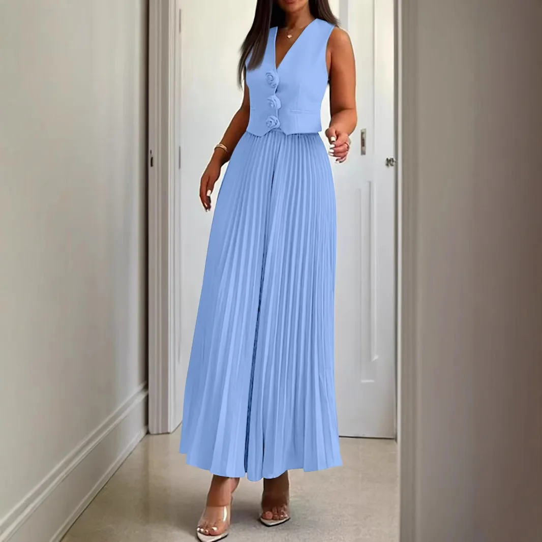 Set di vestiti casual da ufficio da donna 2 pezzi, canottiera senza maniche con bottoni, tinta unita e gonna lunga a pieghe