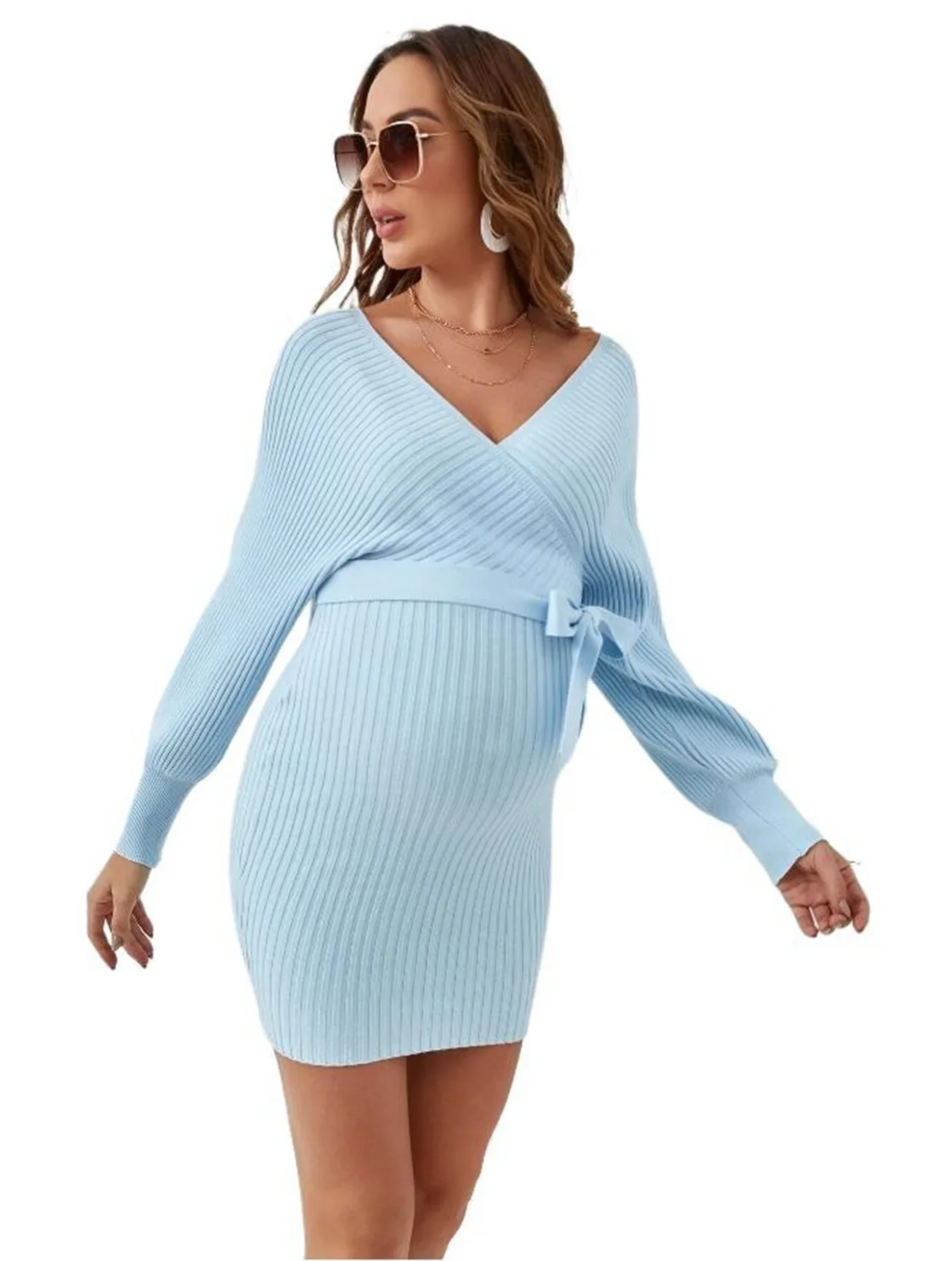 American Fashion Knitted Dress for Maternity Autumn Winter Sexy Hot V Neck Ties Slim Waist Min Sweaters Dress for Pregnant Women