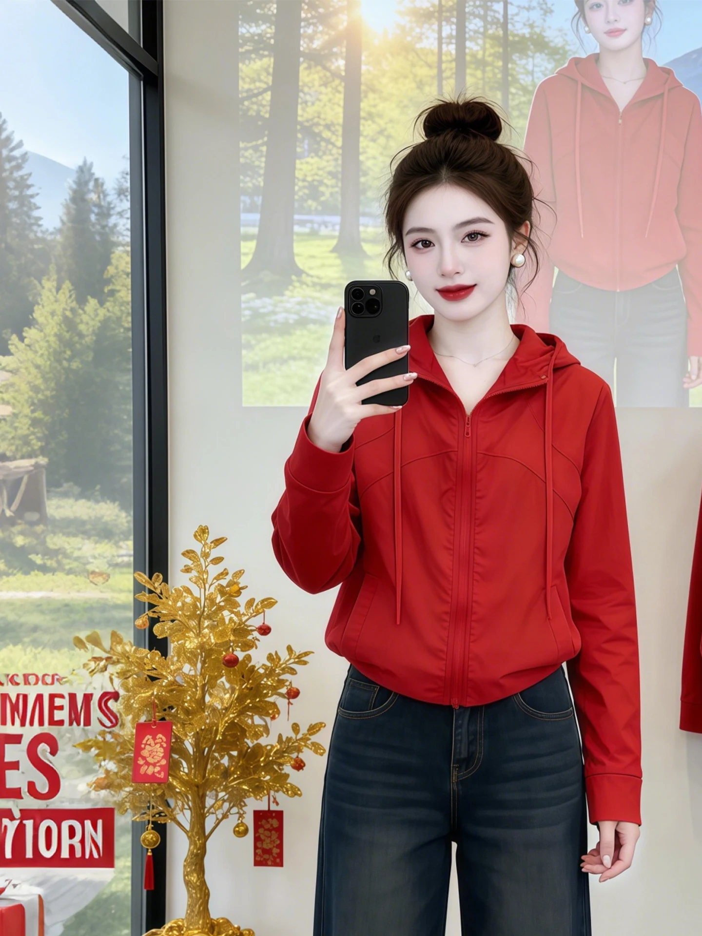 

Red Hooded Short Lightweight Commuter Women's Jacket Summer New Style Slim Fit Zipper Cardigan Sun Protection Outerwear