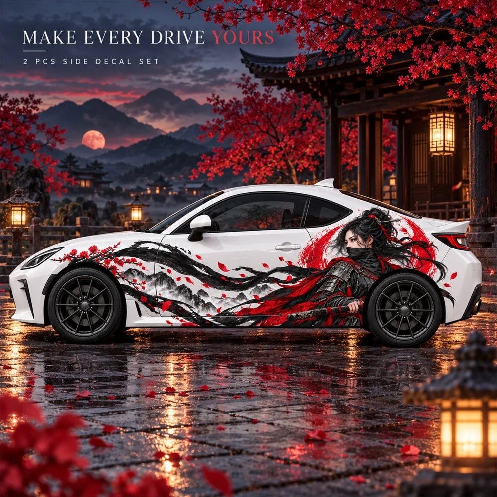 2 PCS Crimson Moon Swordswoman Car Side Decals, Die-Cut Samurai Vinyl Sticker Set