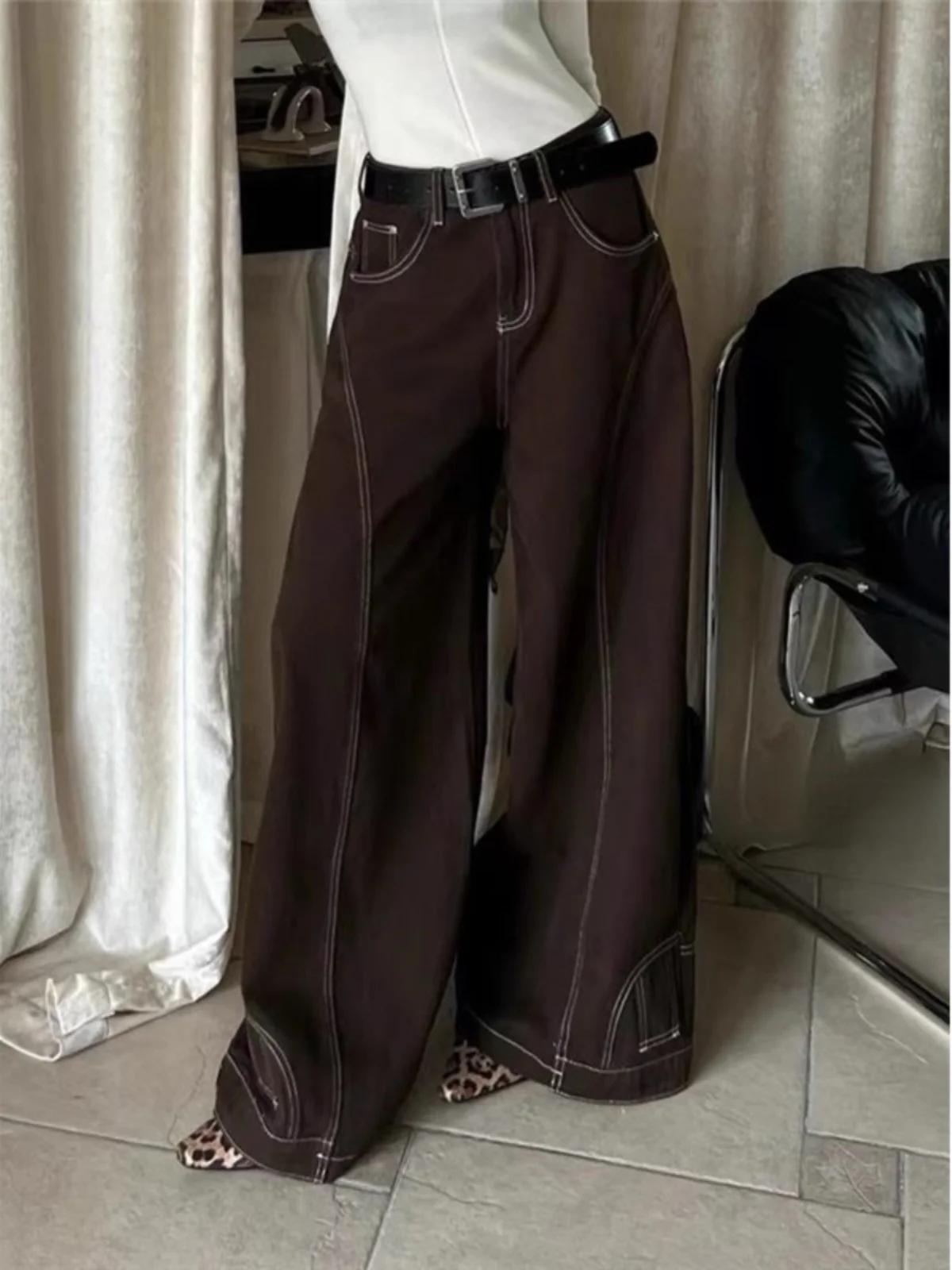 

Women's Spring Summer Streetwear Bright Line Wide Leg Jeans Lady Streetwear High Waist Straight Loose Cargo Pants Jeans