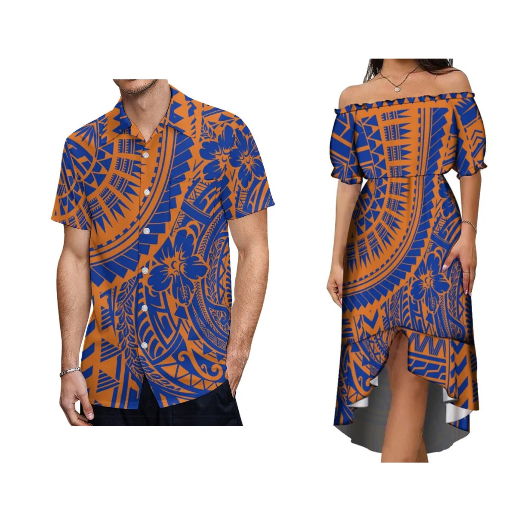 

2024 Polynesian Couple Clothing Women'S Off-The-Shoulder Long Dress Elegant Dovetail Skirt Vintage Design Custom Men'S Shirt