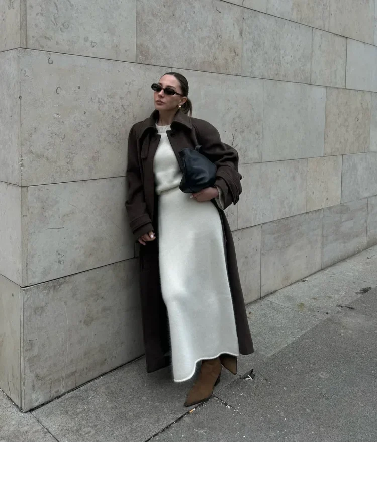 

Women Solid Lapel Lace Up Wool Overcoat Fashion Long Sleeve Single-breasted Loose Coat 2025 New Autumn Lady Commuter Outwear ﻿