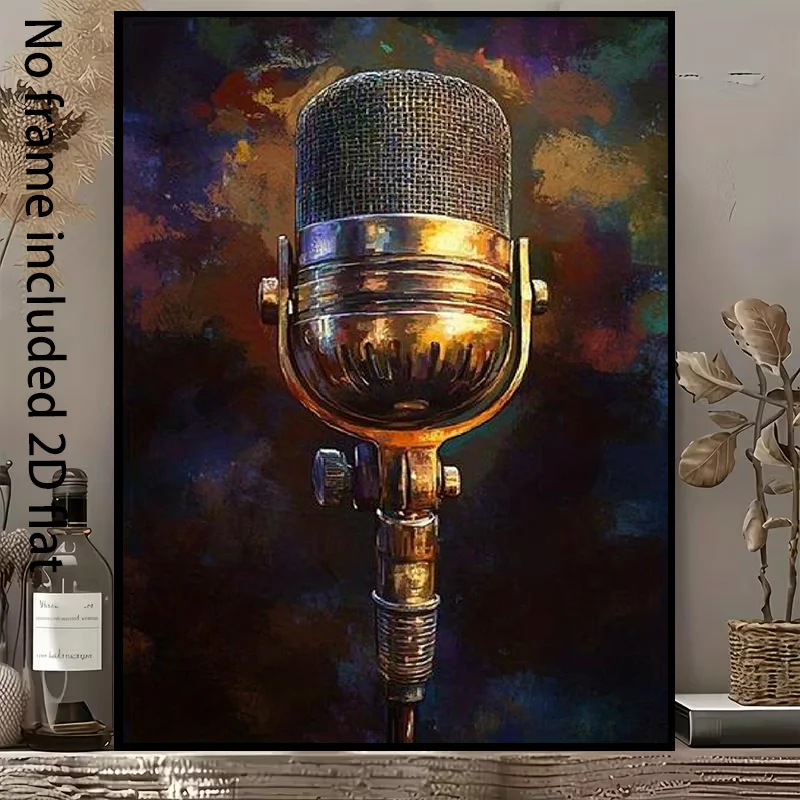 2D Flat, [2D Flat] 1pc Decorative Canvas Painting, Vintage Golden Microphone Canvas Art, Colorful Background Artistic Style D