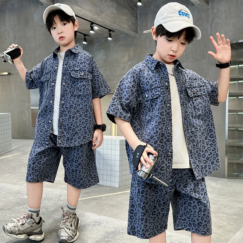 

Fashion Kids Leopard Print Summer Suit for Boy Casual Clothing Denim Set Shirt And Shorts 2 Pieces Tracksuit For Children 5-14Y