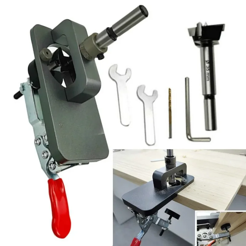 35mm Hinge Boring Jig Kit, Aluminum Alloy Drilling Guide with Fixture, Cabinet Door Cup Hole Locator for Concealed Hinges