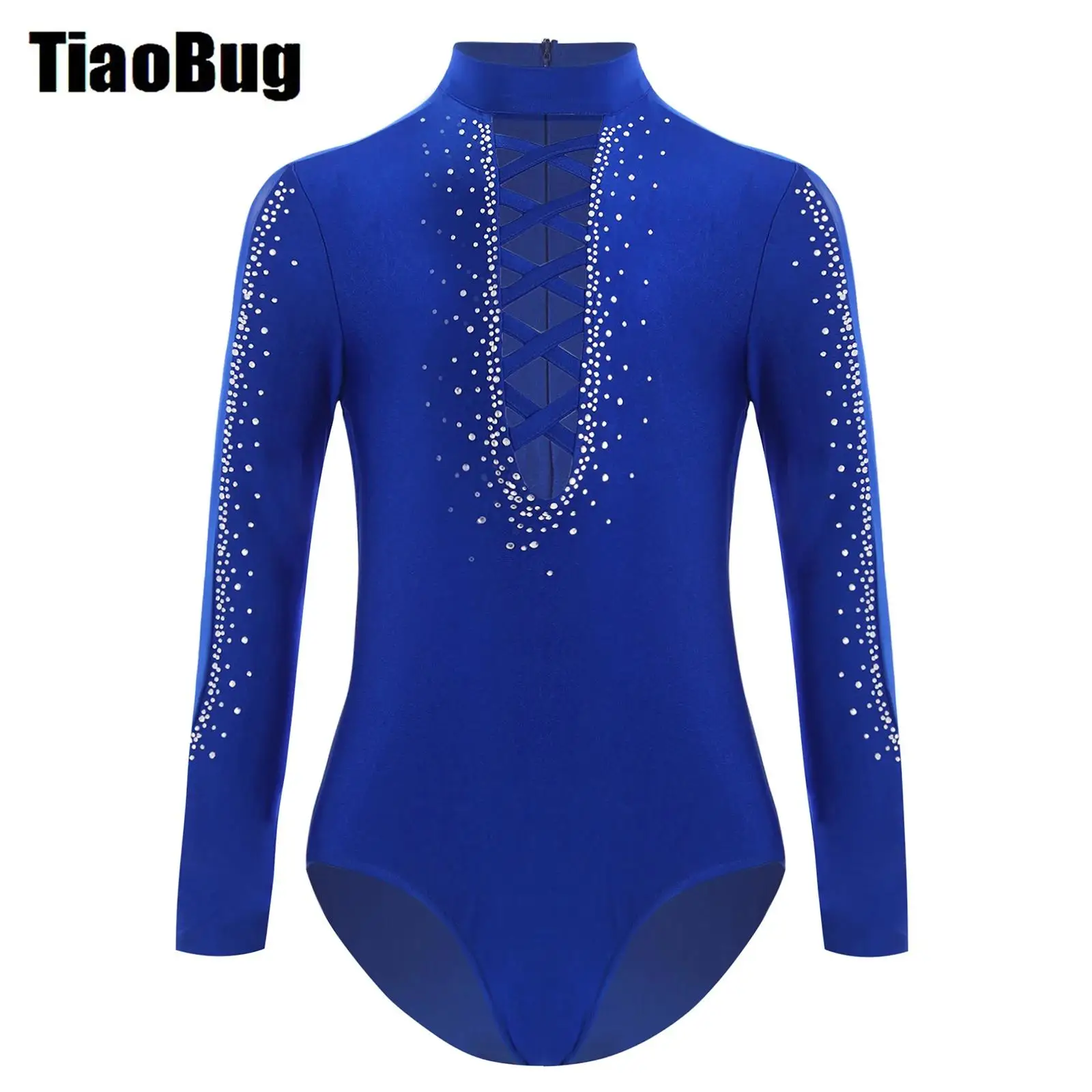 Kids Boys Mesh Dance Leotard Glittery Rhinestones Patchwork Long Sleeve Hollow Out Crisscross Strappy Front Bodysuit