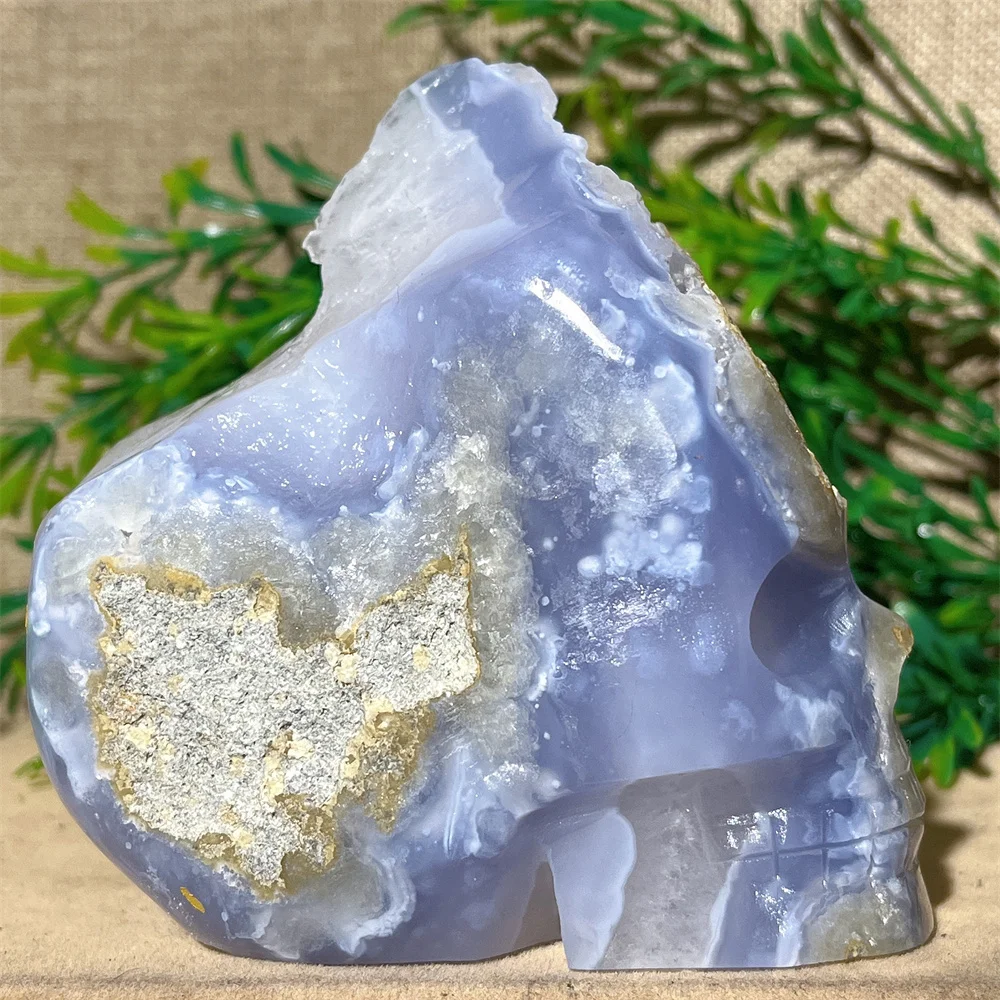 

Crystal Natural Blue Lace Agate Cluster Skull Carving Cranium Craft Reiki Stone Minerals Healing Home Decoration Quartz