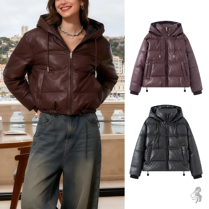 Pufferjack van kunstleer met capuchon en taille met trekkoord Gewatteerde korte stijl Warme en modieuze commuterjas Dameskleding