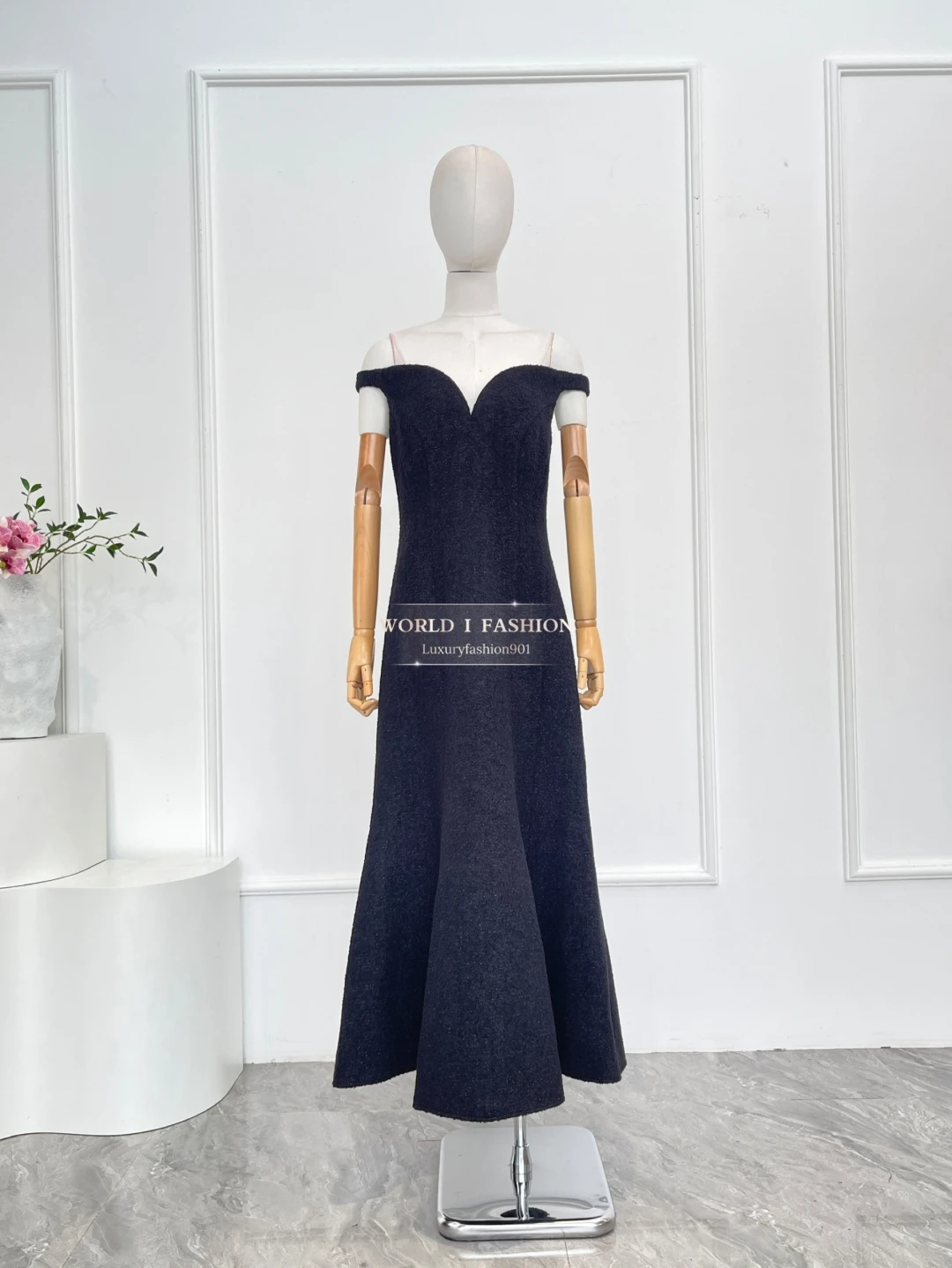 

High Quality Women Clothes Black Sleeveless Tweed Midi Dress Summer