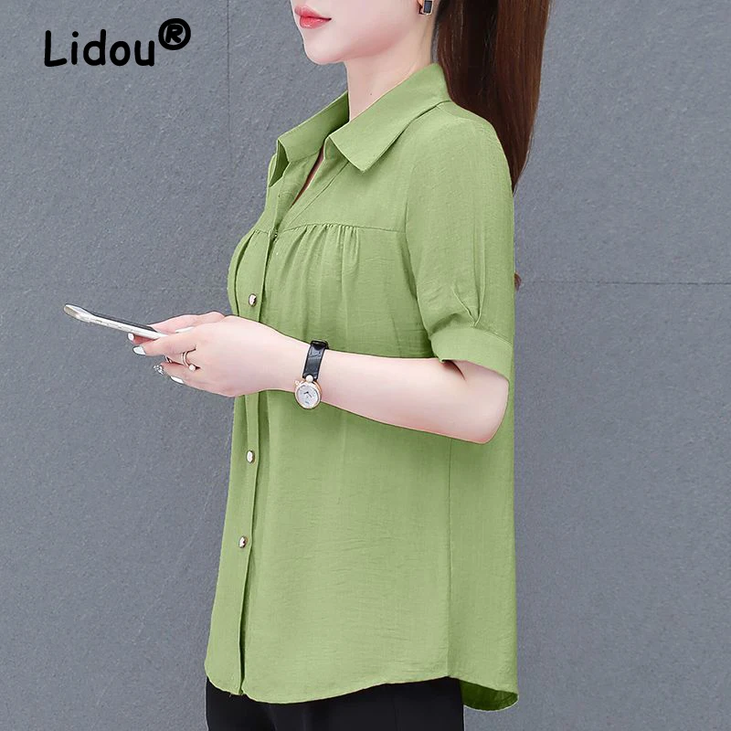 

Womens Stylish Ruffle Button Up Shirt Office Lady Elegant Commute Blouse Casual Solid Short Sleeve Loose Tops Blusas Summer 2024