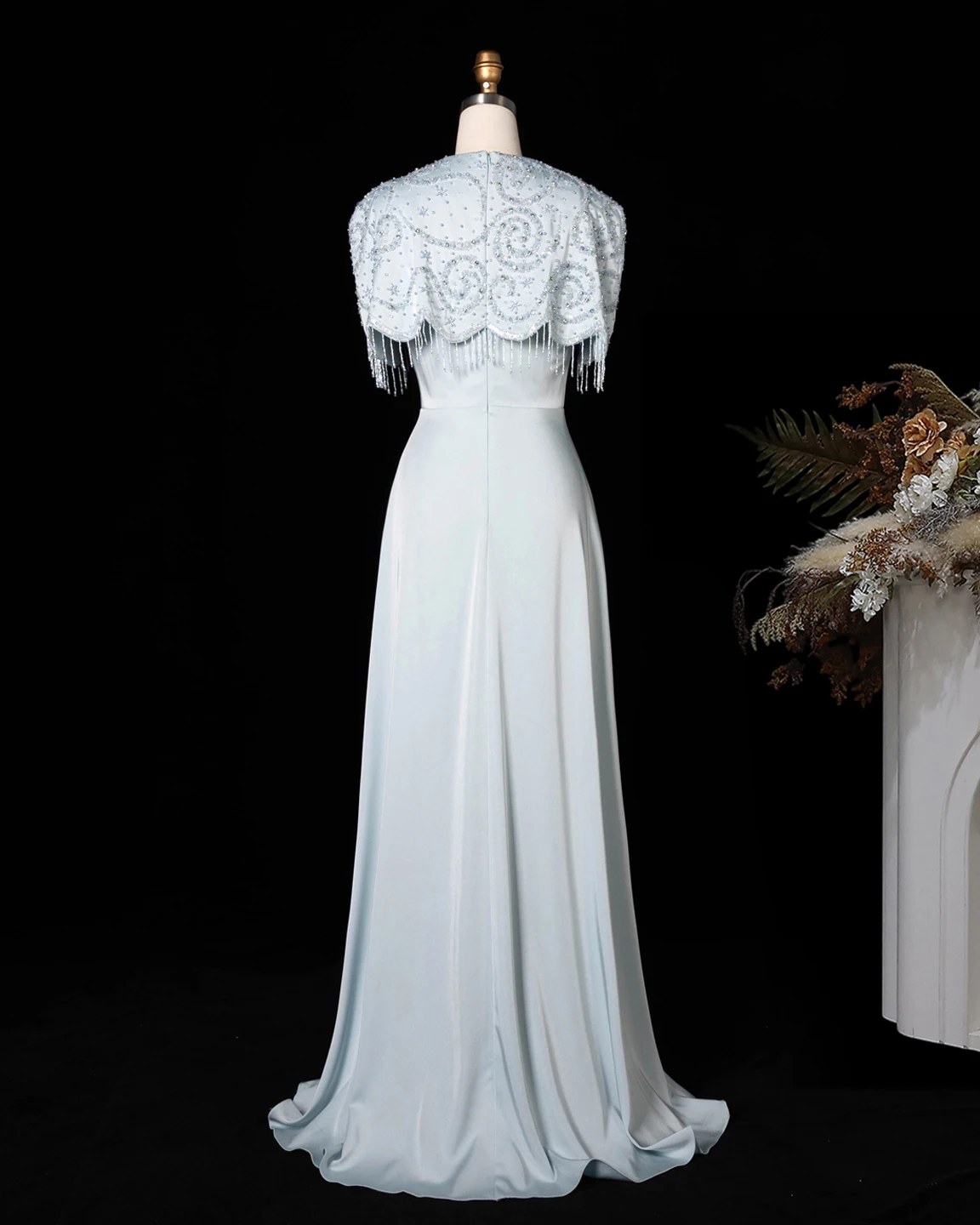 Sharon Said Abendkleid, elegantes A-Linien-Modell, Rundhalsausschnitt, Perlen, Quasten, Dubai, formelle Party, Hochzeitsgastkleid, SS614, nach Maß – Detail 14