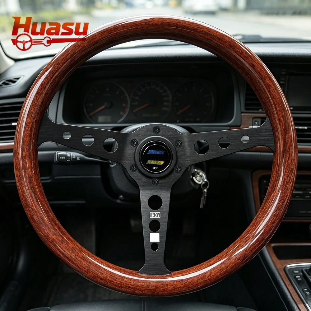 INDY Classic Wood Grain Look Racing Steering Wheel 14inch 350mm Concave With Aluminum Spoke Silver Black M24260704