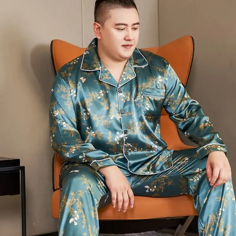 

Spring plus fat men ice silk pajamas men fat comfortable loose thin long-sleeved 300 pounds set Big belly and thin belly 2024