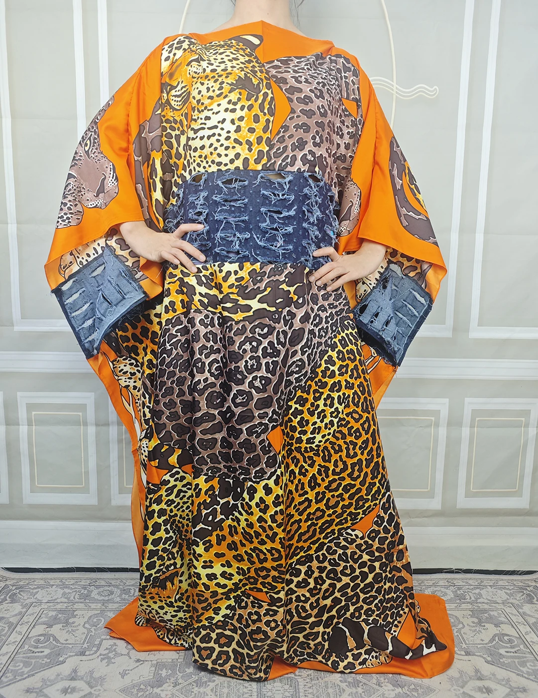 

Kuwait Fashion Twill Silk Kaftan Maxi Dress Oversize Elegant Printed Denim Loose Abaya African Lady Holiday Beach Loose Boubou