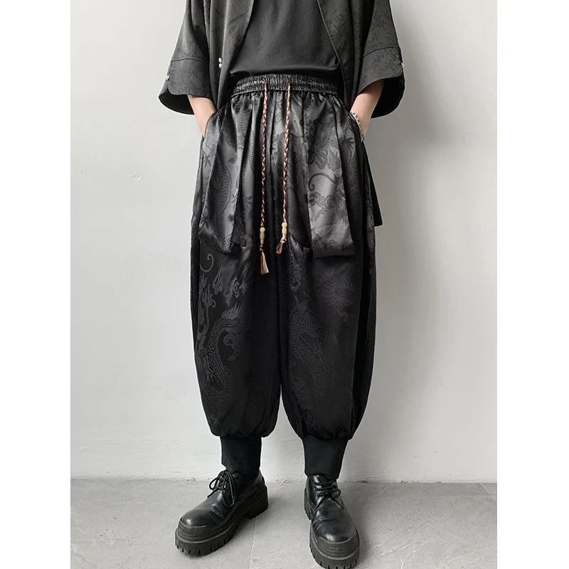 Chinese Style Summer Thin Casual Pants Men's Loose Long Trousers Dragon Pattern Loose Fit Harlan Trousers