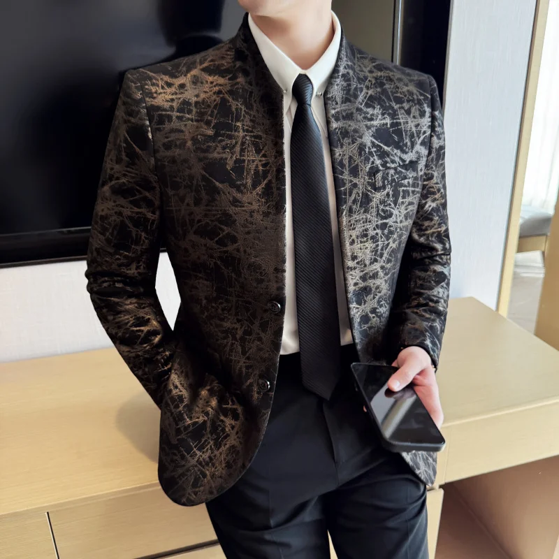 

High Quali Chinese Sle Stand Collar Embroidered Casual Suit Jaet Men Slim Fit Banquet Ceremony Stage Singer Performance