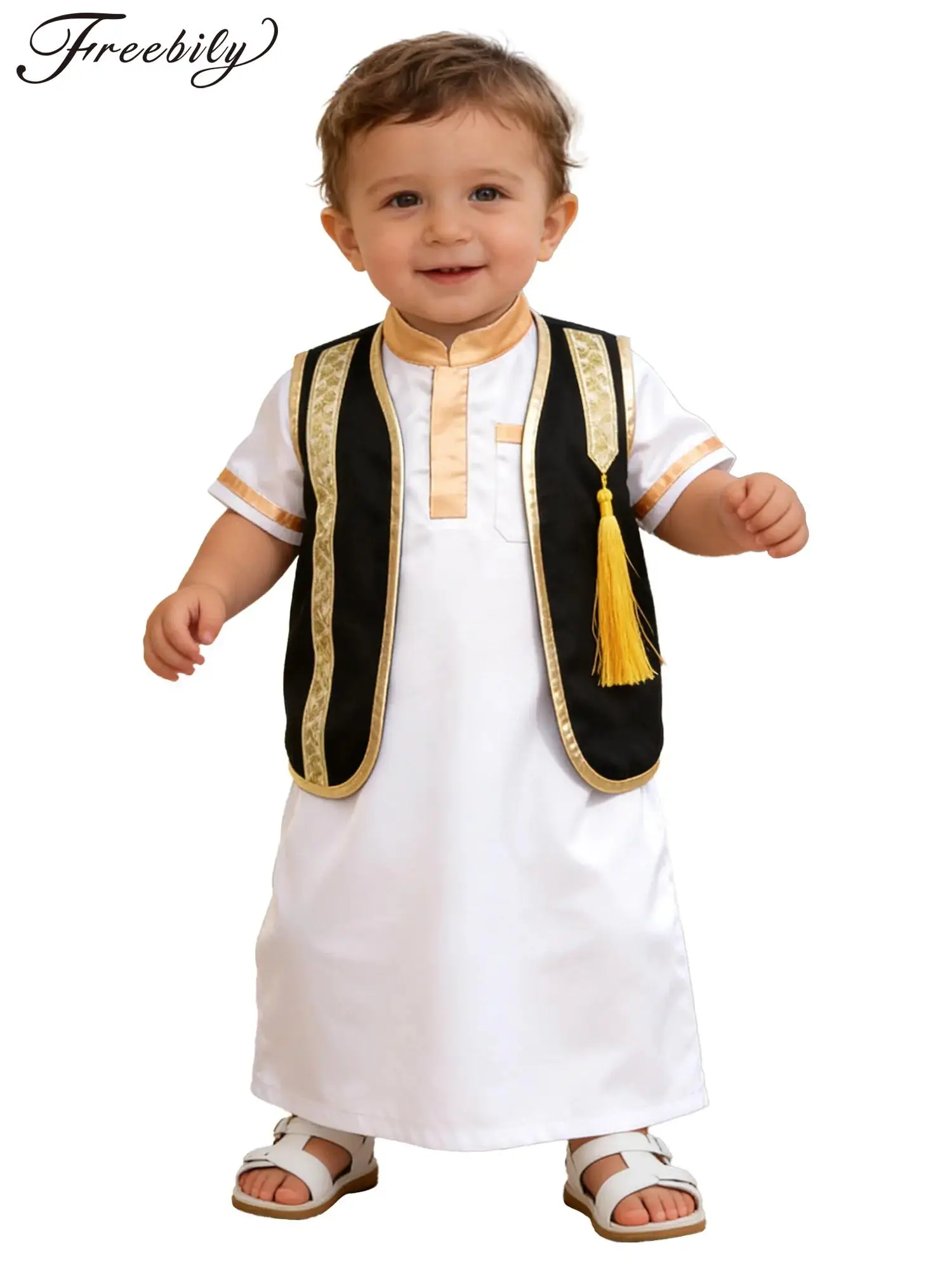 

Мусульманский жилет для мальчиков, восточный арабский стиль, Дубай, исламский, для Рамадана и Ид, винтажный, с металлической отделкой, бахромой, без застежки спереди