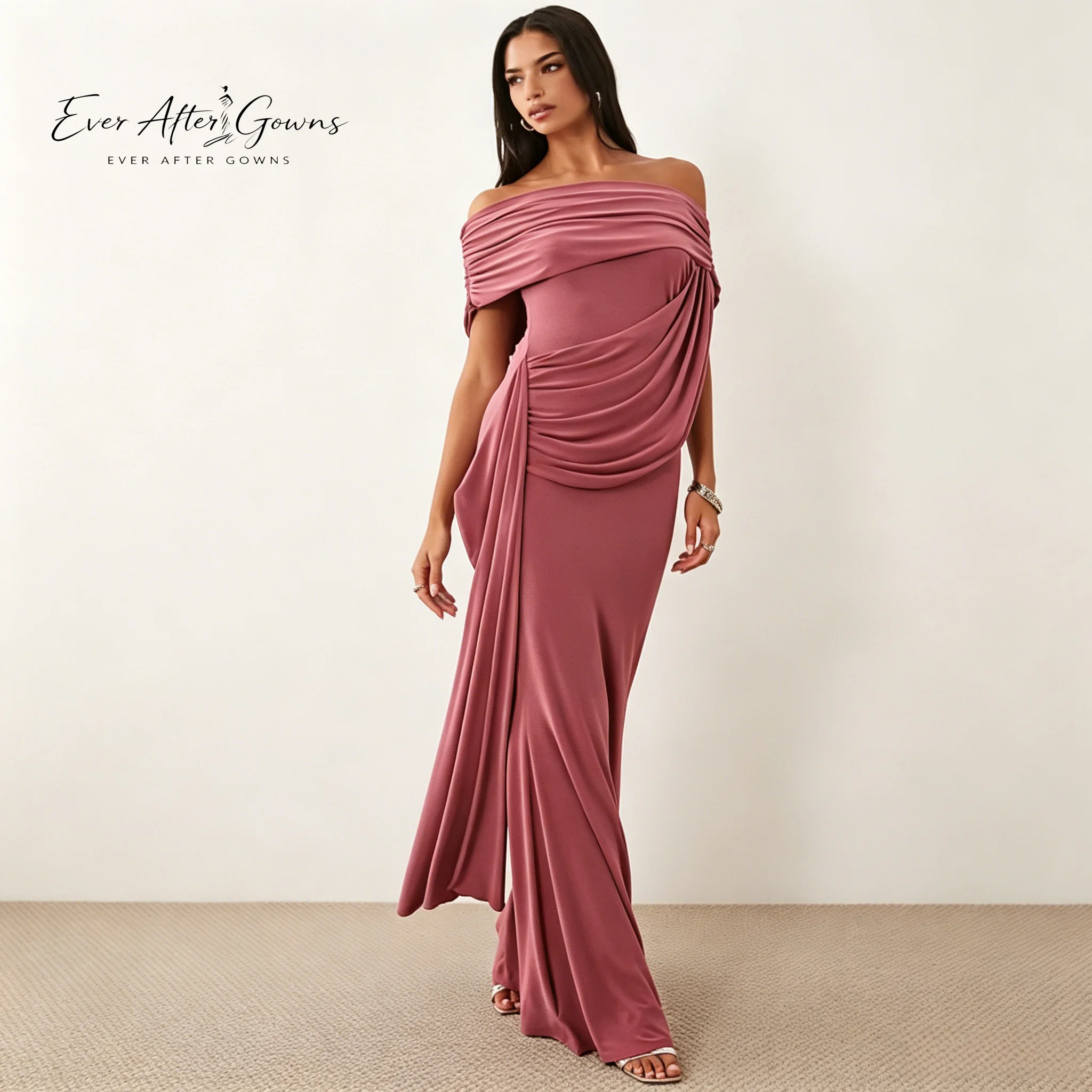 Ever After Gowns Off the Shoulder Draped Satin Mermaid Dress Ruched Bodycon Long Formal Evening Gown