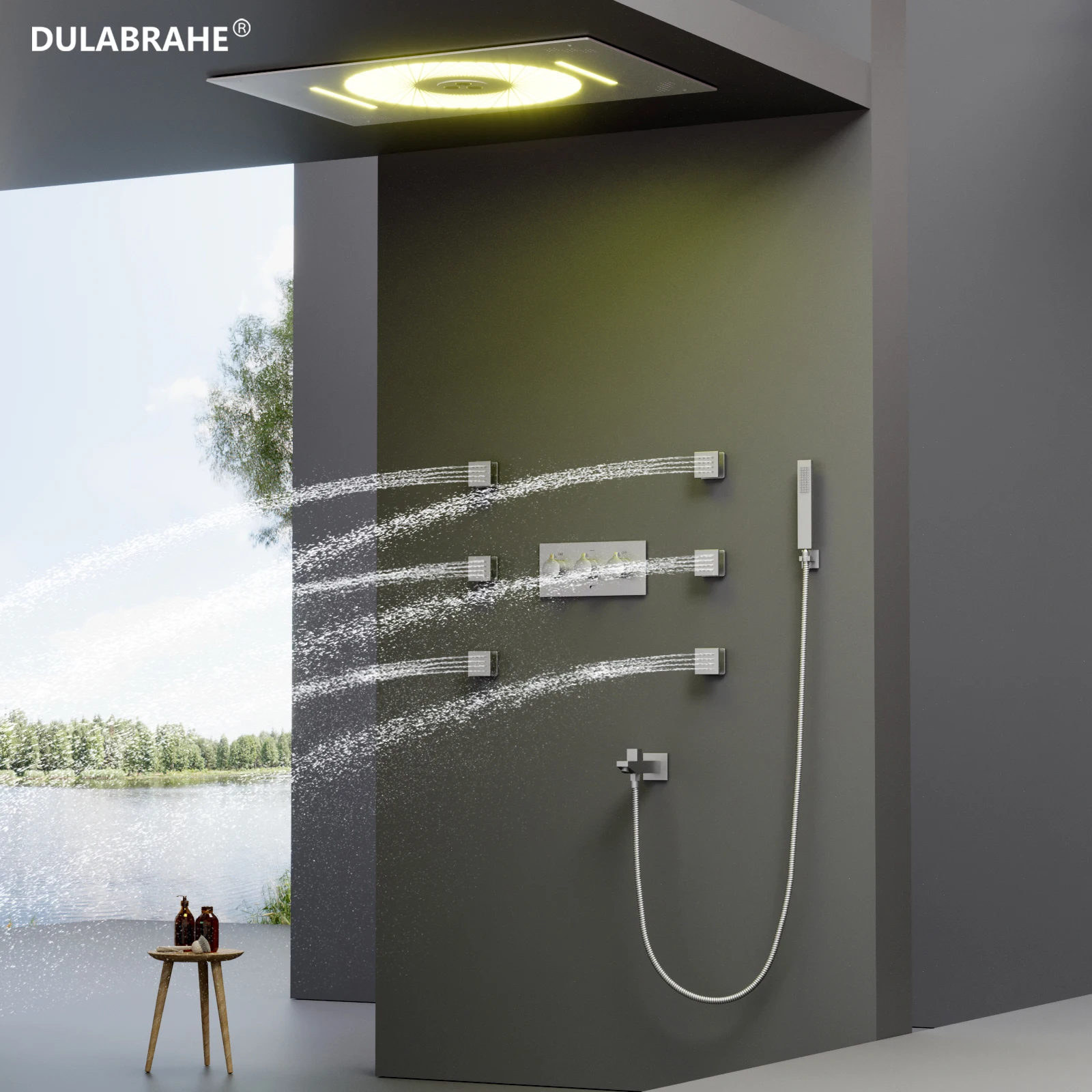 DULABRAHE Hot & Cold Brushed Shower System Music LED Rain Shower Head with 6 Spray Shower Mixer Mixer Set