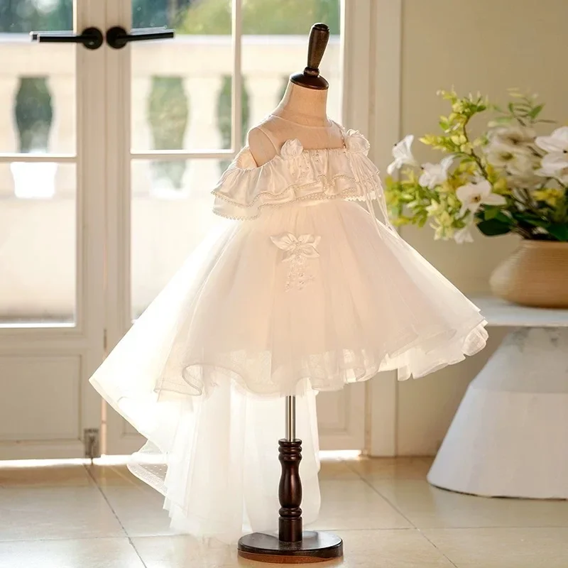 Elegantes weißes Blumenmädchenkleid mit Schleppe Prinzessin Kleinkind Kinder Hochzeit 1. Geburtstag Festzug Party Urlaubskleid J414B