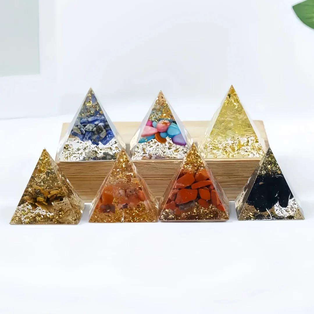 1set(7pcs) Orgonite Pyramid Natural Mixed Crystal Chips Chakra Healing Stone Desk Decor Meditation Ornament Home Decoration