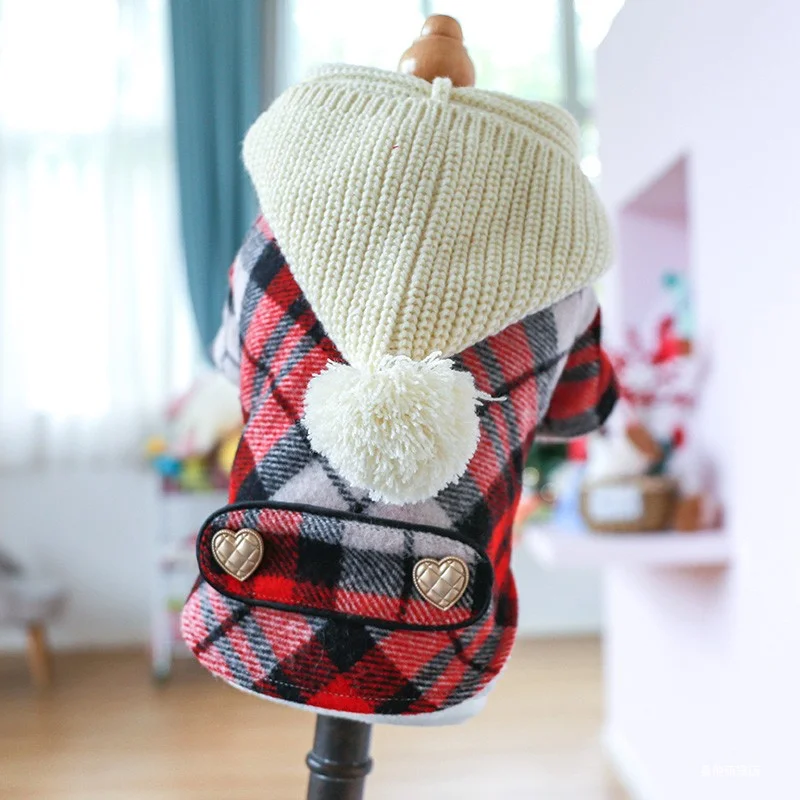 1PC Pet Clothing Cat Winter Plush Thickened Red Checkered Ball Hat Cotton Coat Windbreaker Suitable for Small and Medium Dogs