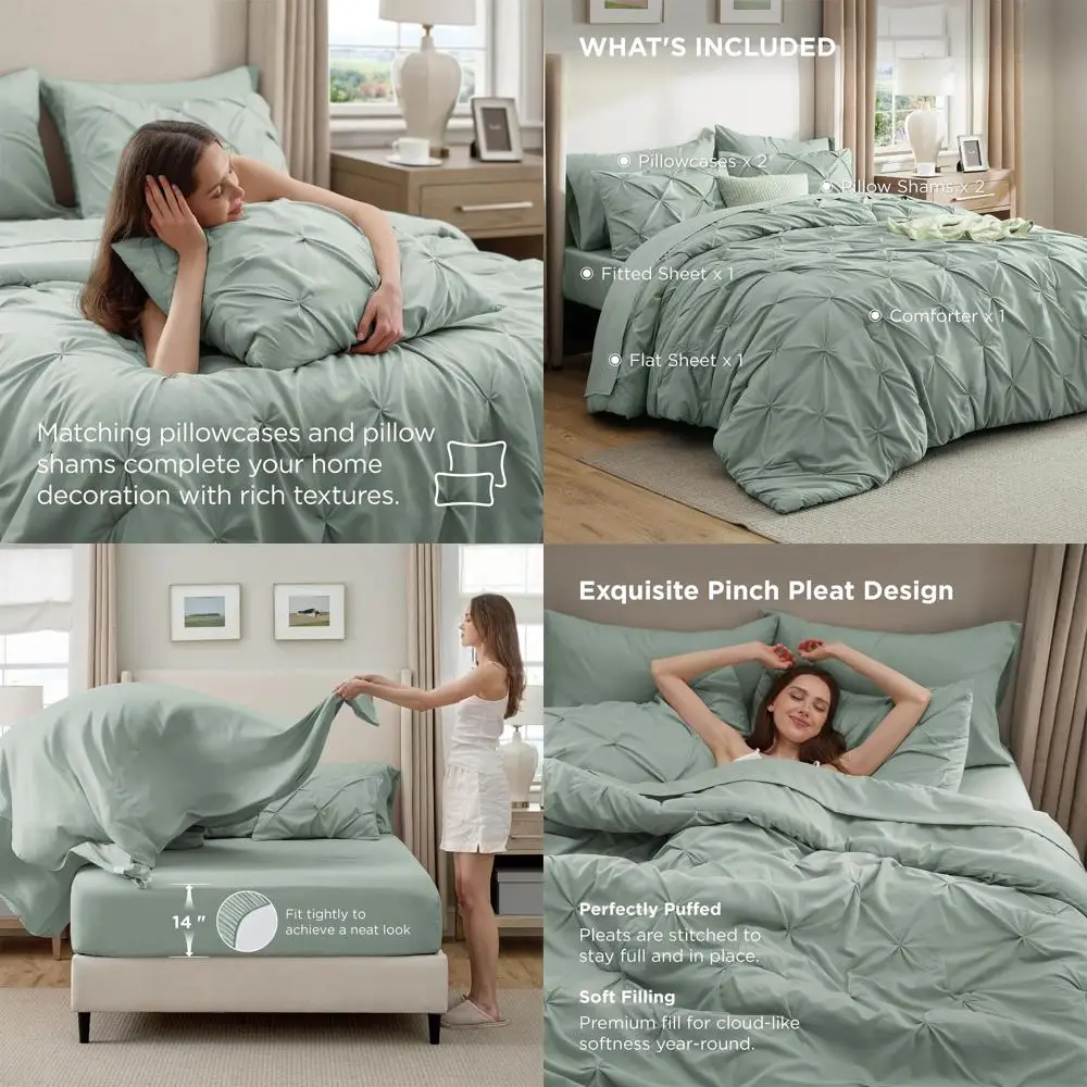 

Большой комплект одеял Queen Sage Green — постельное белье из 7 предметов с дизайном Pintuck, всесезонное одеяло, простыни, наволочки и шарм