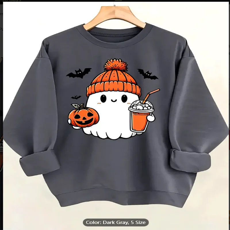 

Cozy Cartoon Ghost Pattern Long Sleeve Sweatshirt - Women's Fashion Casual Halloween Clothing - Round Neck Soft and Comfortable