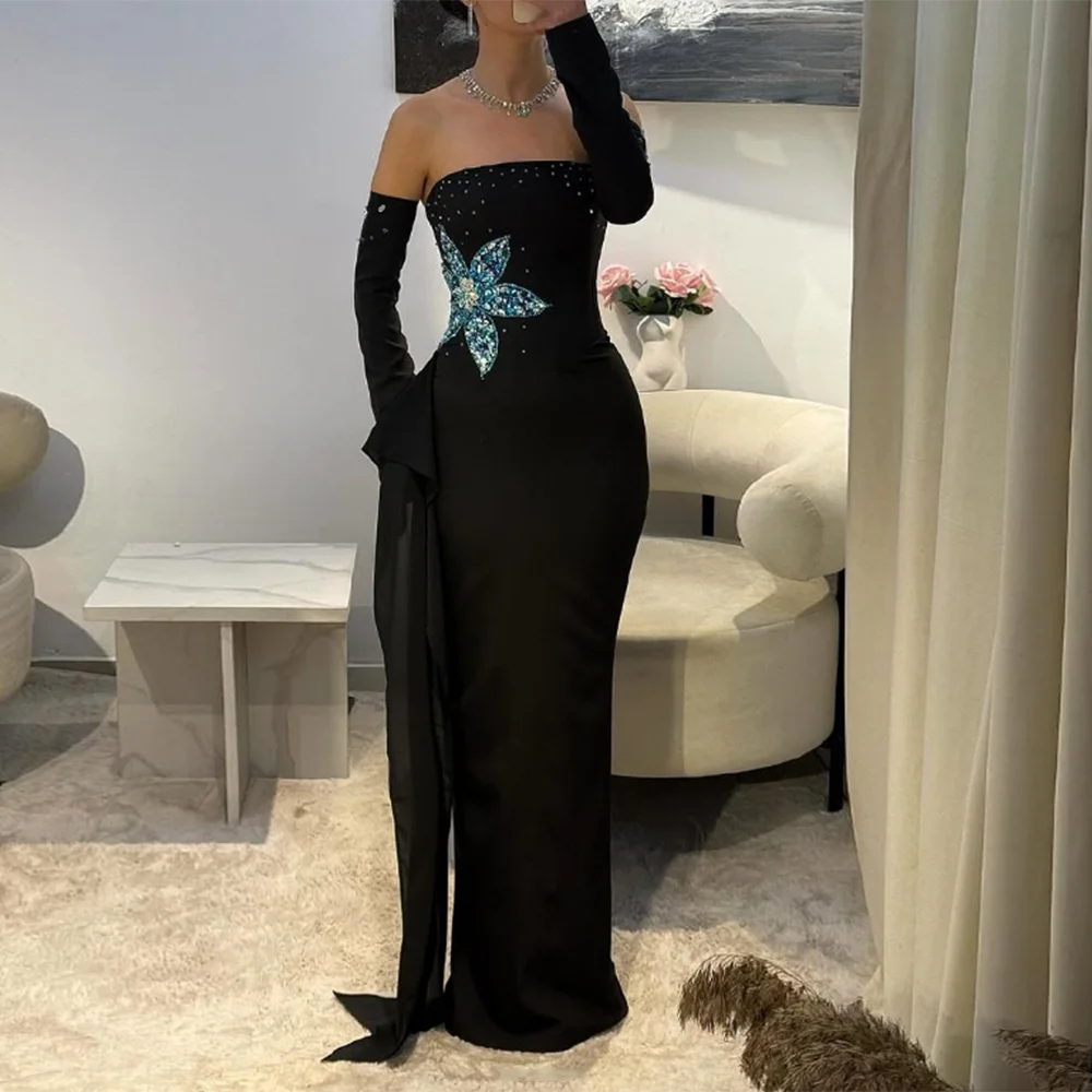 

customized exquisite Strapless Formal Evening Dresses Floor-Length rhinestone Beading mermaid Prom Gown Modern Black Long Dress