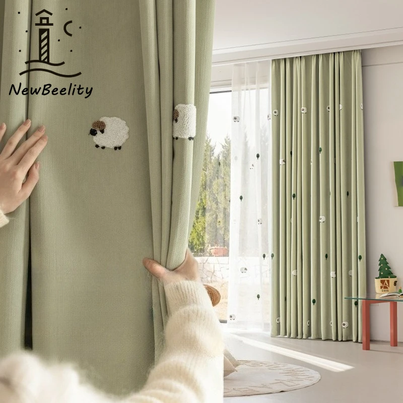 New Chenille Blackout Curtains Lamb Embroidery Children's Room Curtains for Living Dining Room Bedroom Matcha Green Custom Size