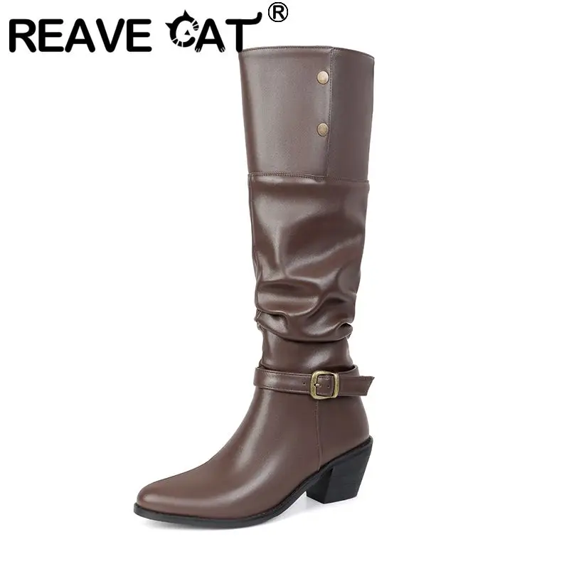 

REAVE CAT 2025 Новые винтажные женские ботинки с круглым носком на массивном каблуке 6,5 см, без шнуровки с пряжкой на ремне, большие размеры 41 42 43 Fashion Dating Bota