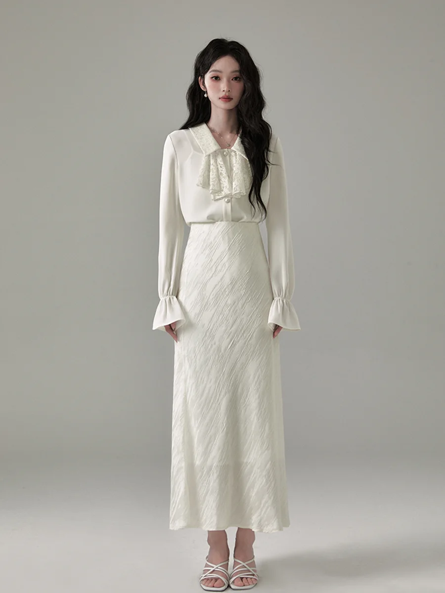 

LKONE Mountain Sea Women's irt Knot Design White Lace Ele Commute High-End Feeling Long Sve Slim Fit Top