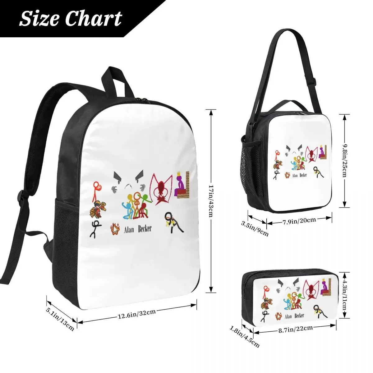 Alan Becker Five Stick Figures With Fire Mouse Pickaxe Backpack BookBag School Bag Shoulder 3ps Insulated Lunch Bag Pencil Case