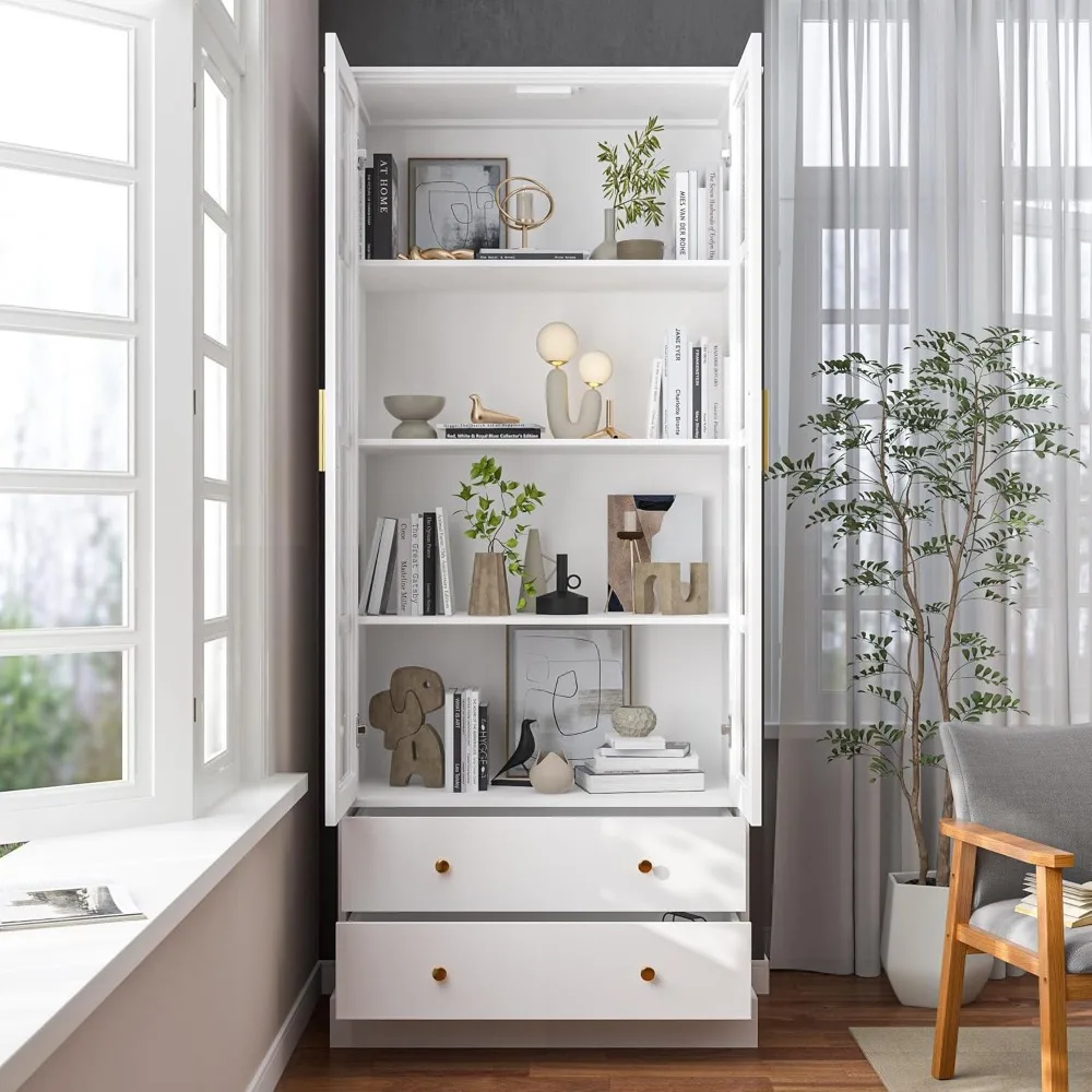 Vetrina portaoggetti con ante in vetro temperato, libreria per armadietto per curiosità in legno a 4 livelli, soluzioni di stoccaggio di grande capacità