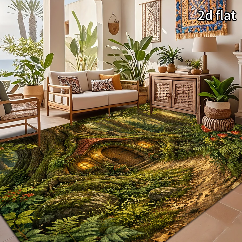 1pc Hobbit Forest Hole House Area Rug, 2D Flat Print, Indoor Floor Mat for Living Room, Fantasy Home Decor